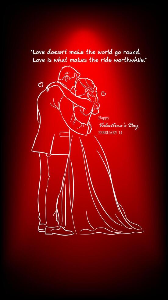 A romantic Valentine Day card featuring an elegant line-art illustration of a couple embracing, set against a vibrant red gradient background. vector