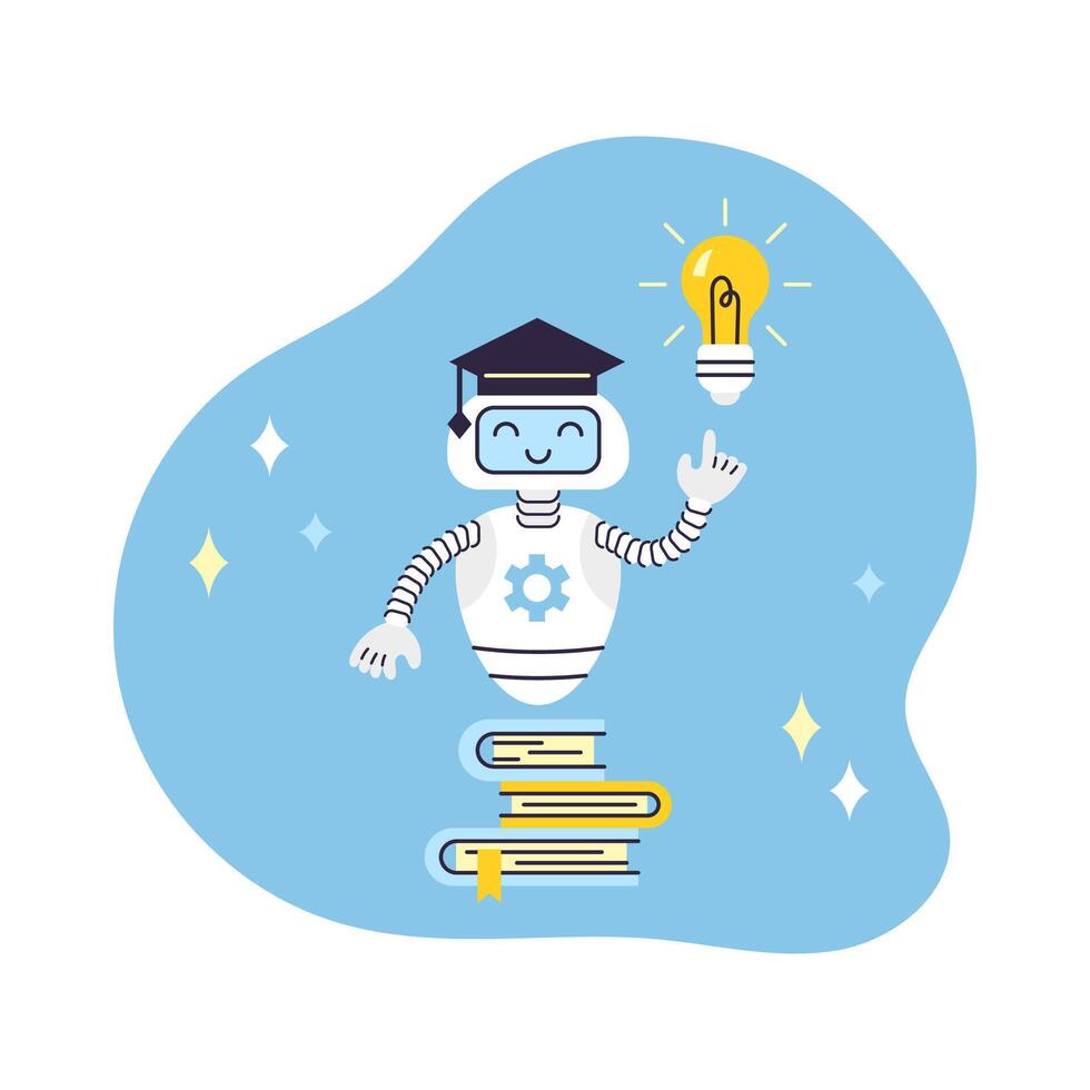AI Robot assistant points at light bulb. There is stack of books nearby. Artificial Intelligence Virtual Assistant. Concept Data Analytics and education. Isolated illustration. vector