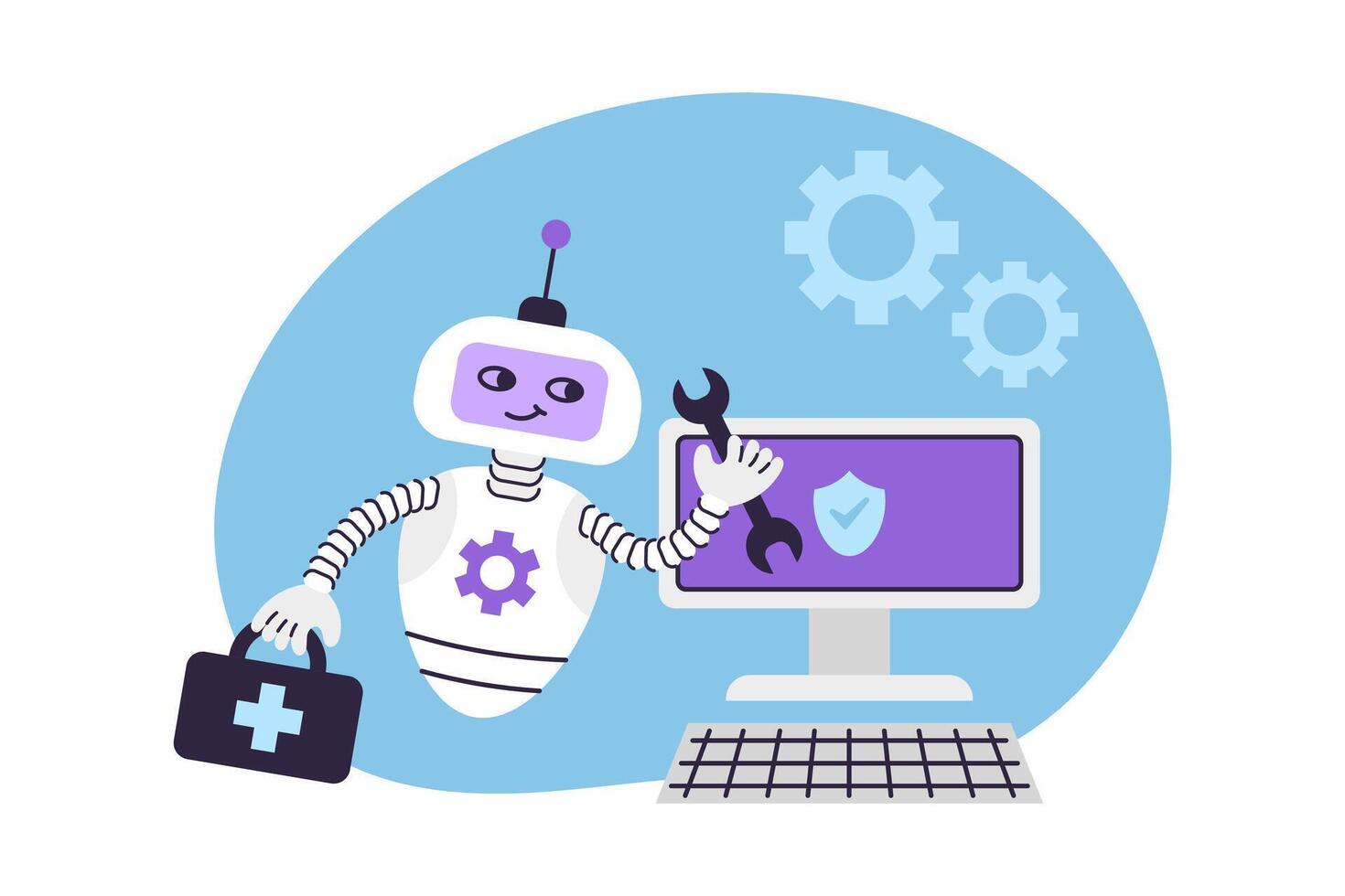 AI Robot assistant holds wrench and first aid kit. Computer setup and repair. Concept of digital security and technical support. Isolated illustration. vector