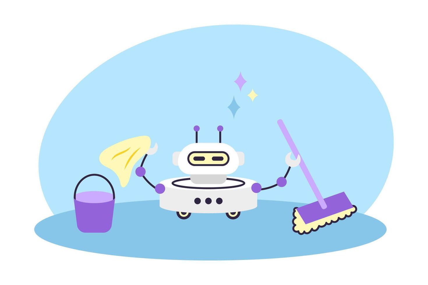 Cute Robot holds bucket and mop. Artificial intelligence robot assistant. Cleaning and smart home concept. Isolated illustration. vector