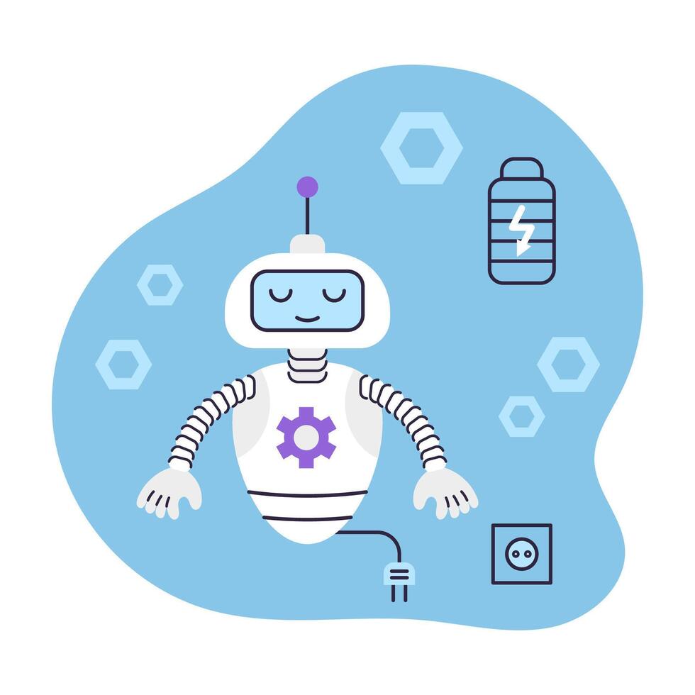 Cute Robot is unplugged and sleeping with his eyes closed. Artificial Intelligence Virtual Assistant. Isolated illustration. vector
