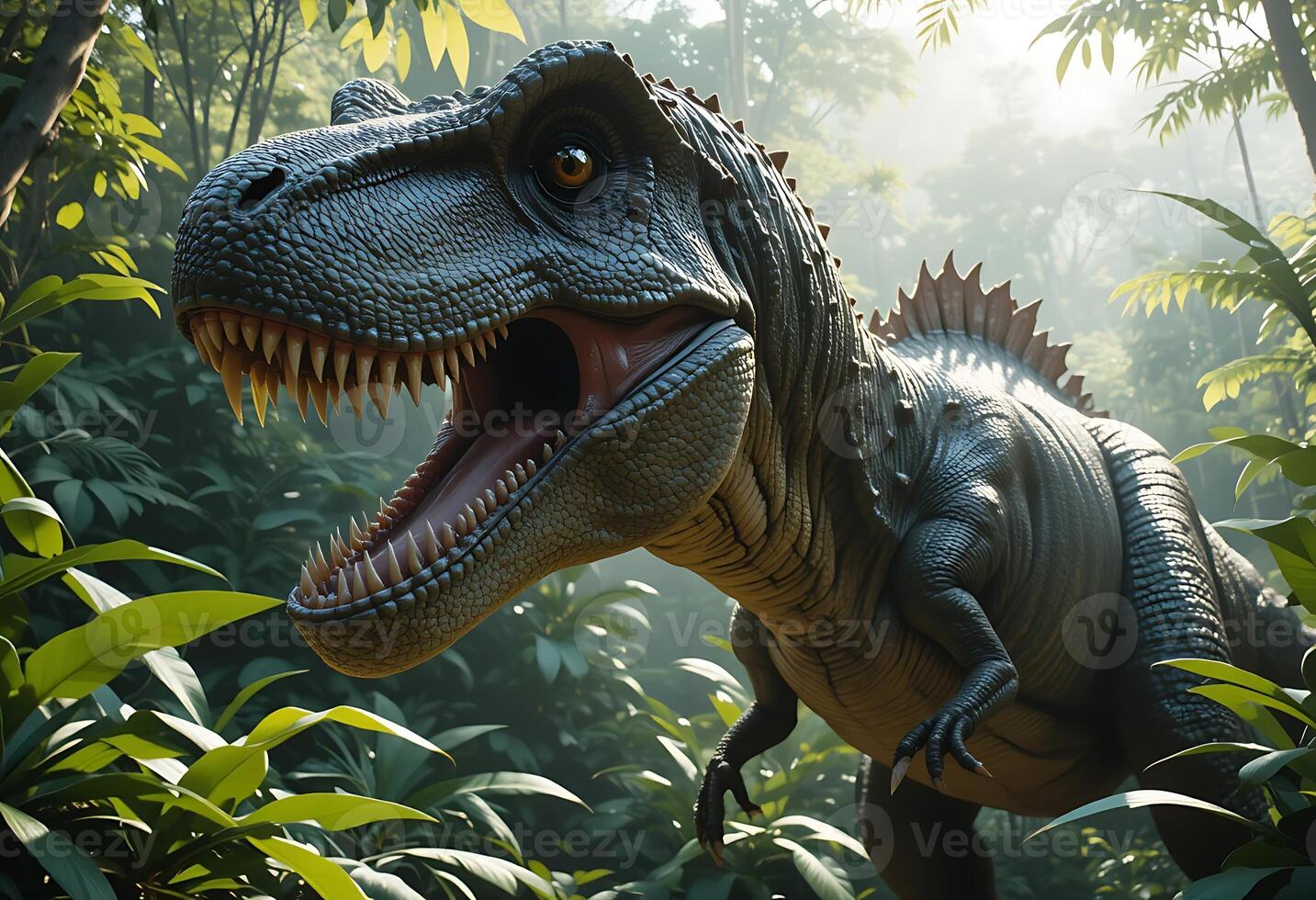 Tyrannosaurus Rex Jungle Predator Lush Greenery Dramatic Lighting photo