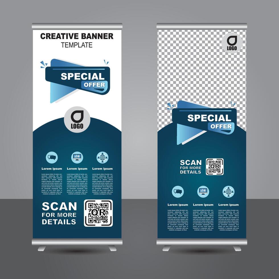 New roll up banner design, blue theme special offer x banner template, stand banner vector