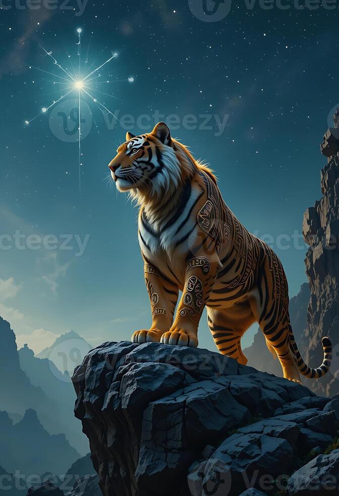 Majestic Ornate Tiger Mountain Peak Night Sky Star photo
