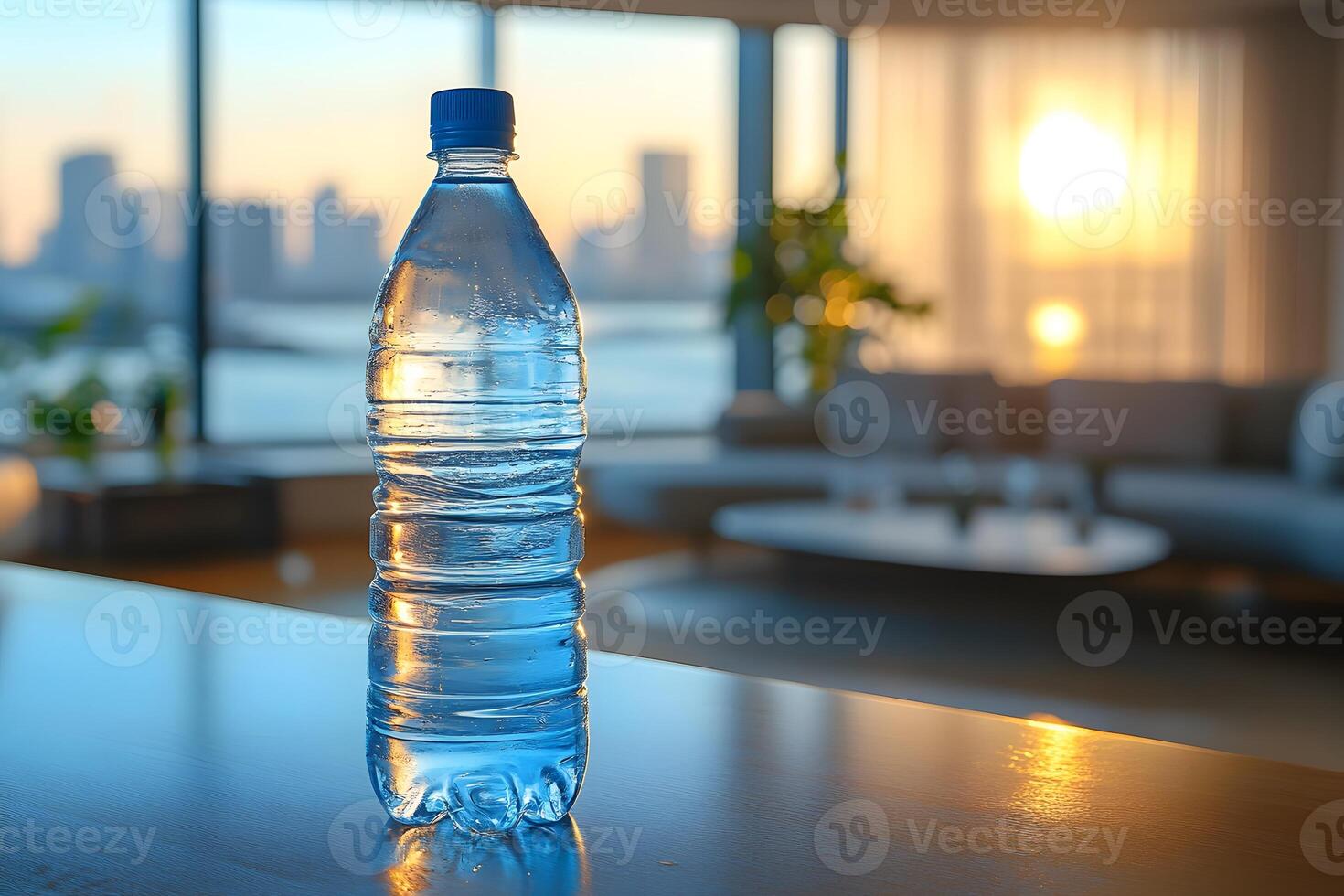 Refreshing Water Bottle on Table with City Skyline at Sunset for Relaxation and Hydration Inspiration photo