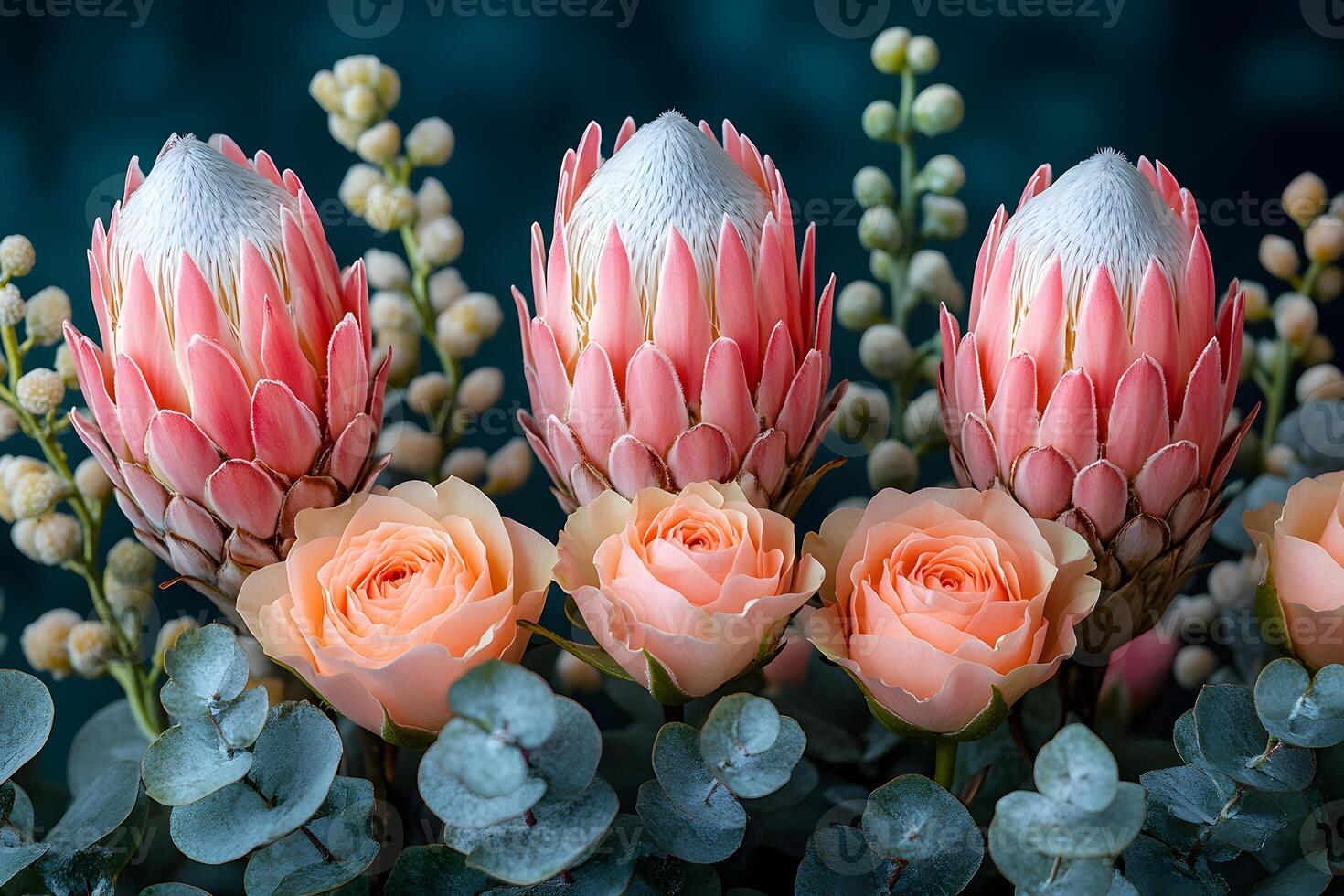 Elegant Floral Arrangement with Protea and Roses for Natural Decor and Event Styling photo