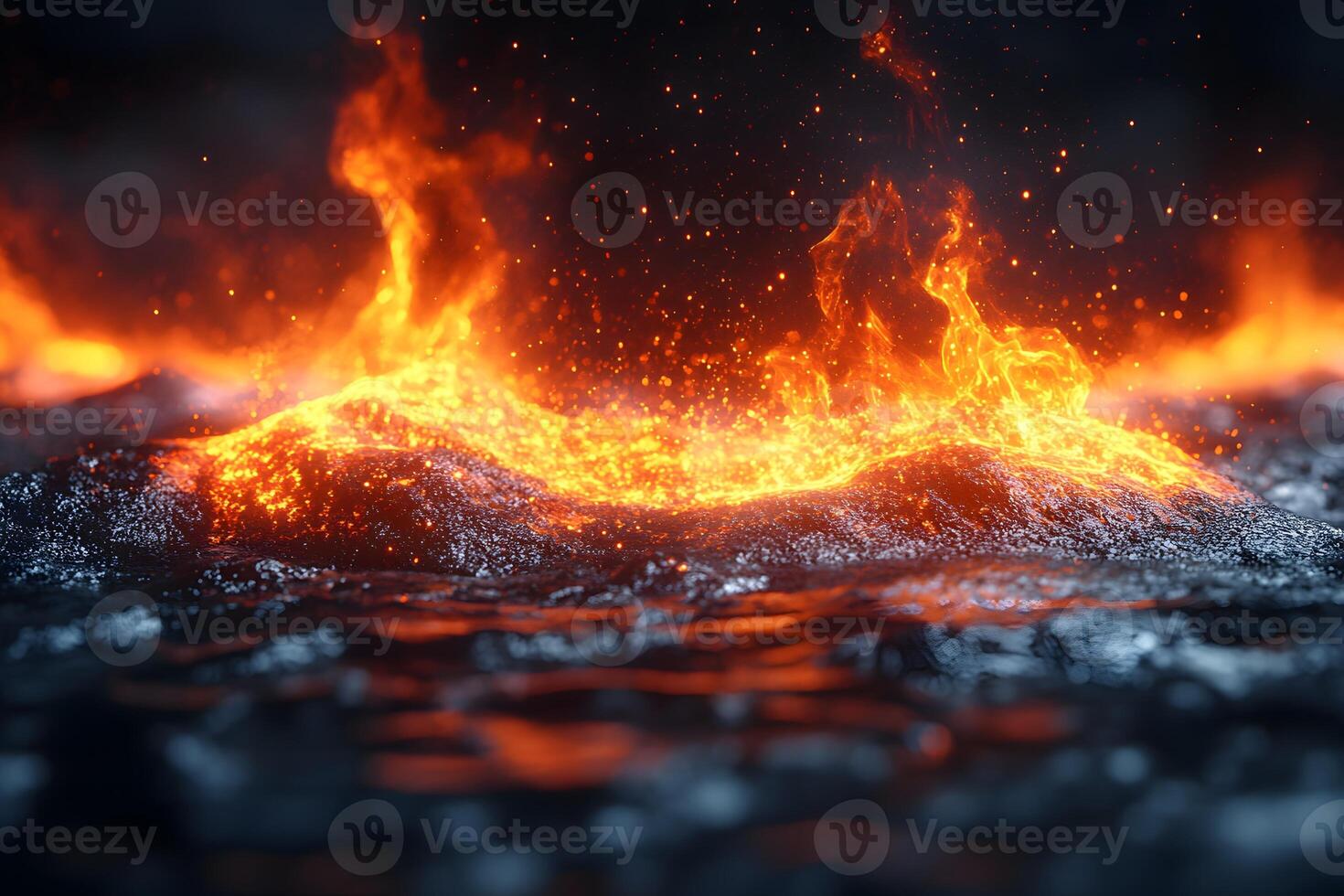 Fiery Lava Flow at Night - Volcanic Eruption and Molten Rock in Motion photo