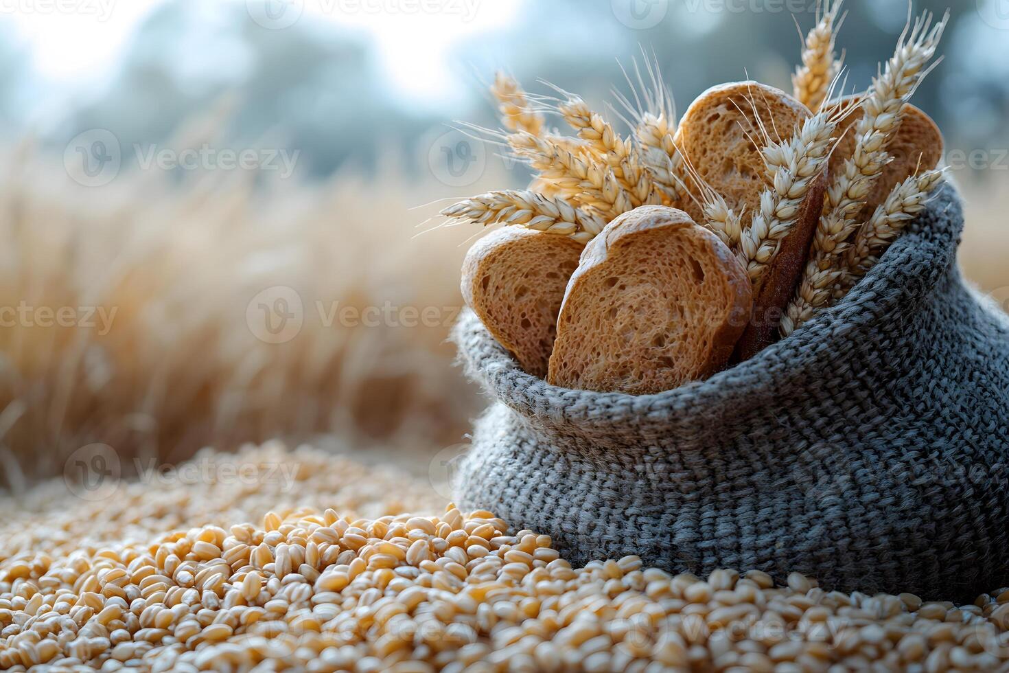 Freshly Baked Bread with Wheat Stalks in Rustic Harvest Setting for Culinary Art Design photo