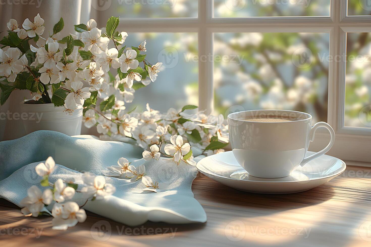 Spring Morning Tranquility with Blooming Flowers and Coffee by the Window photo