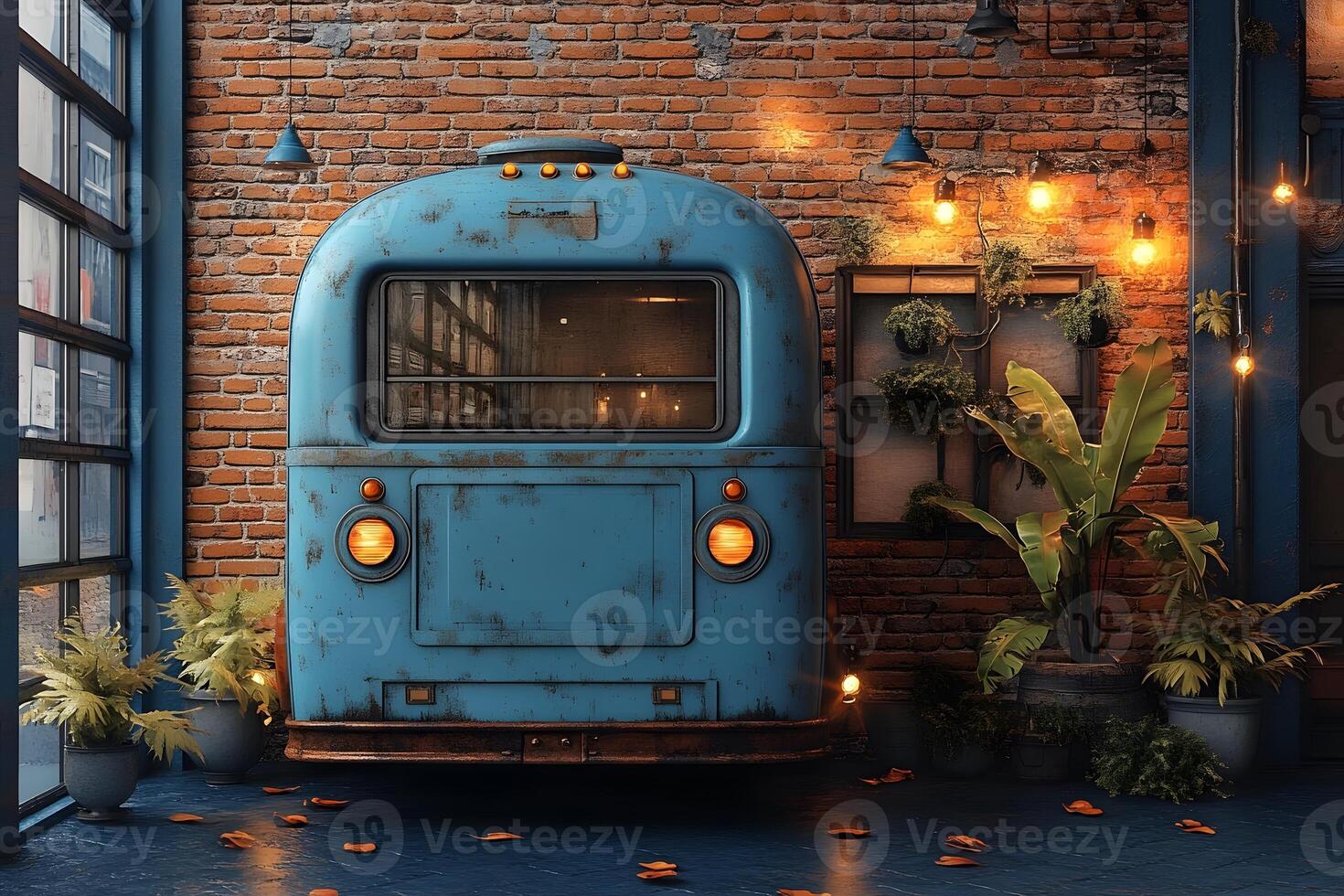 Vintage Blue Camper Display with Rustic Brick Background and Ambient Lighting photo