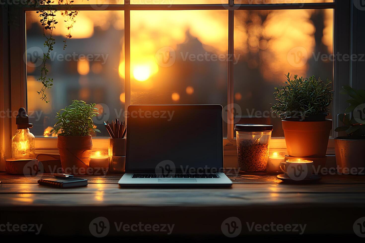 Cozy Home Office with Laptop and Plants at Sunset for Relaxing Workspace Inspiration photo