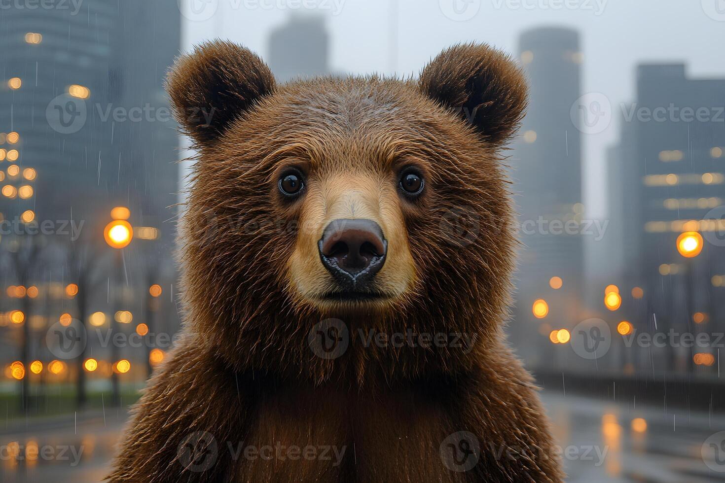 Adorable Bear Cub in Urban Night Scene with Bokeh Lights for Wildlife and City Contrast photo