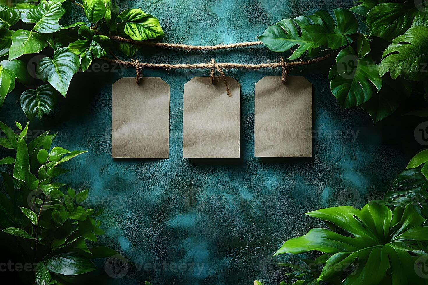 Nature-Inspired Design with Blank Tags on Textured Green Background for Creative Projects photo