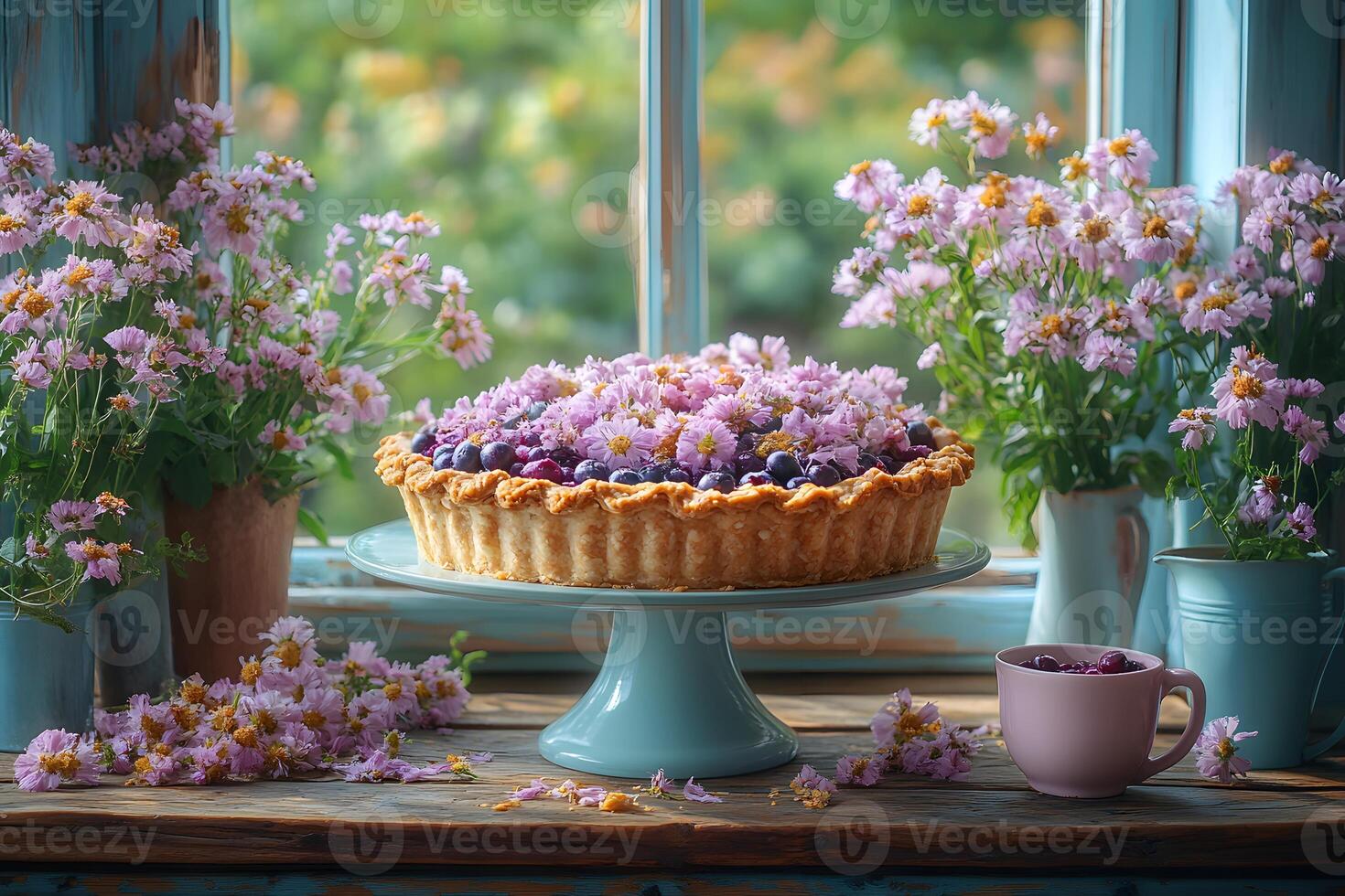 Homemade Berry Pie with Fresh Flowers by a Sunny Window Perfect for Summer Dessert Settings photo