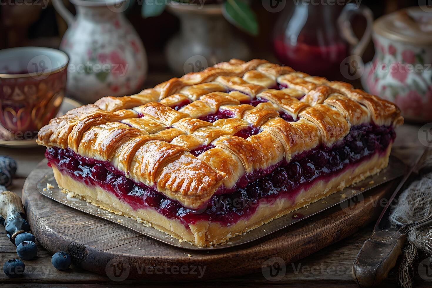 Homemade Blueberry Pie with Golden Lattice Crust on Rustic Table Setting photo