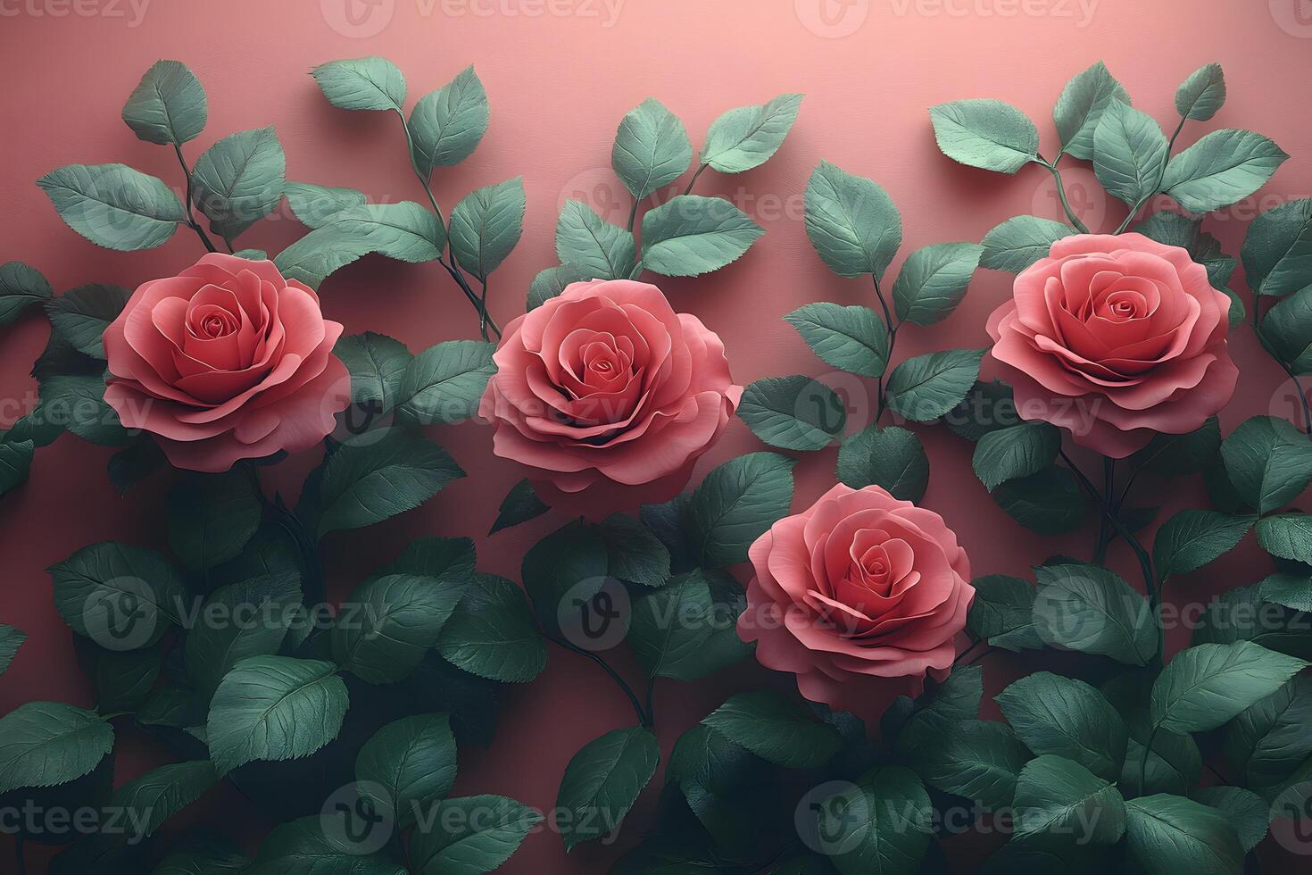 Elegant Pink Roses and Lush Green Leaves on a Soft Pink Background - Floral Art for Interior Design and Decor photo