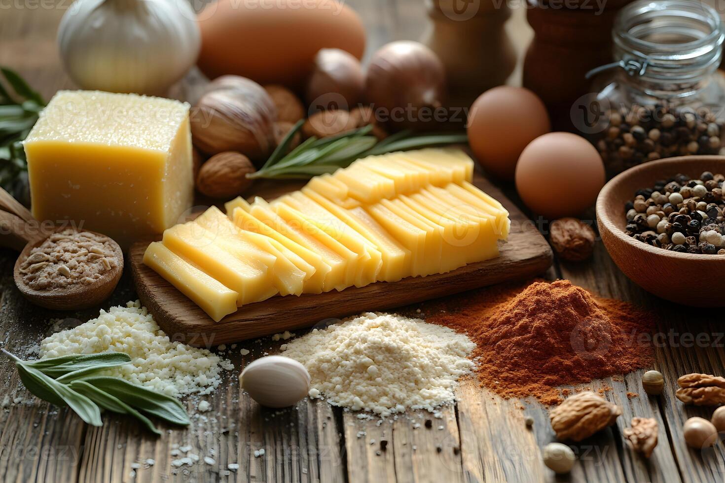Rustic Culinary Ingredients Arrangement with Cheese and Herbs for Cooking Inspiration photo