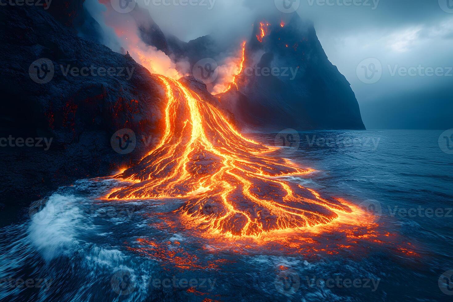 Majestic Volcanic Eruption Flowing Lava into Ocean at Dusk photo