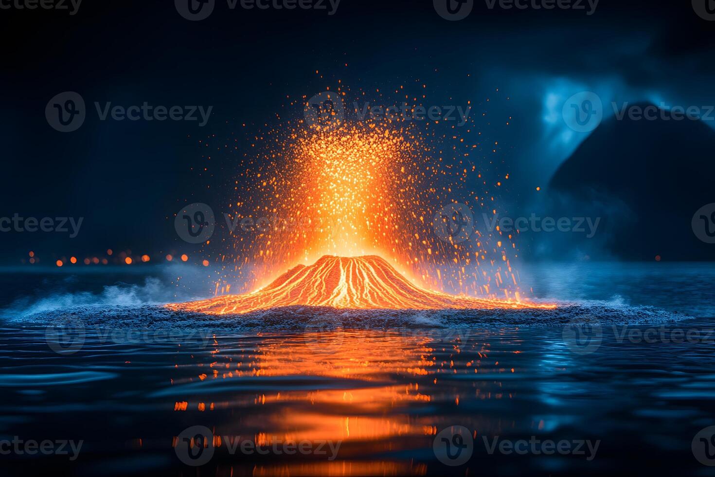 Majestic Volcanic Eruption at Night with Glowing Lava and Reflections photo