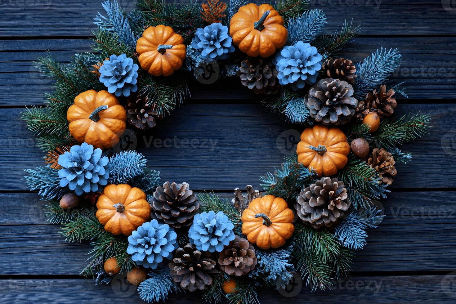 Autumn Wreath with Pumpkins and Pinecones for Seasonal Decor and Interior Design photo