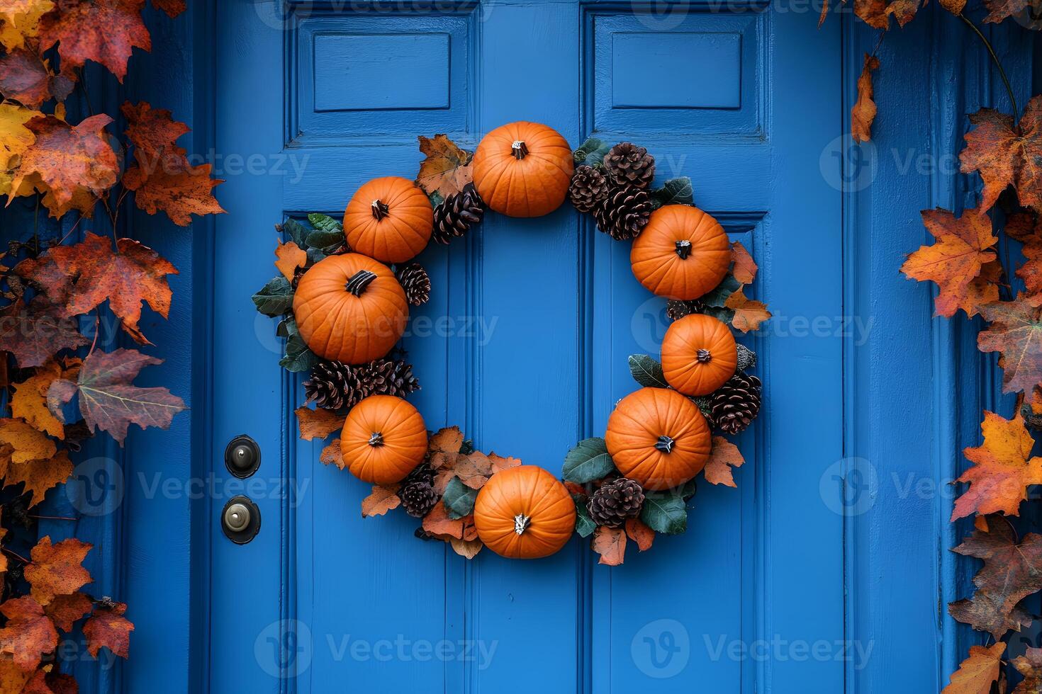 Autumn Harvest Wreath on Blue Door Perfect for Thanksgiving Decor and Fall Celebrations photo