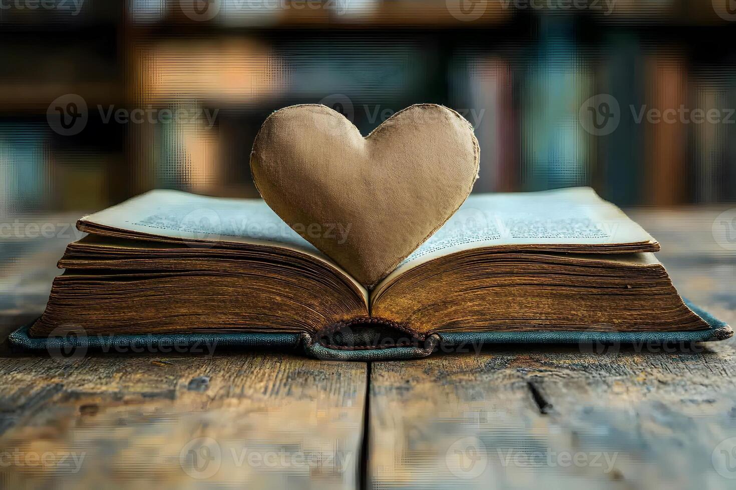 Heartfelt Reading - Vintage Book and Heart on Wooden Table for Cozy Literature Theme photo