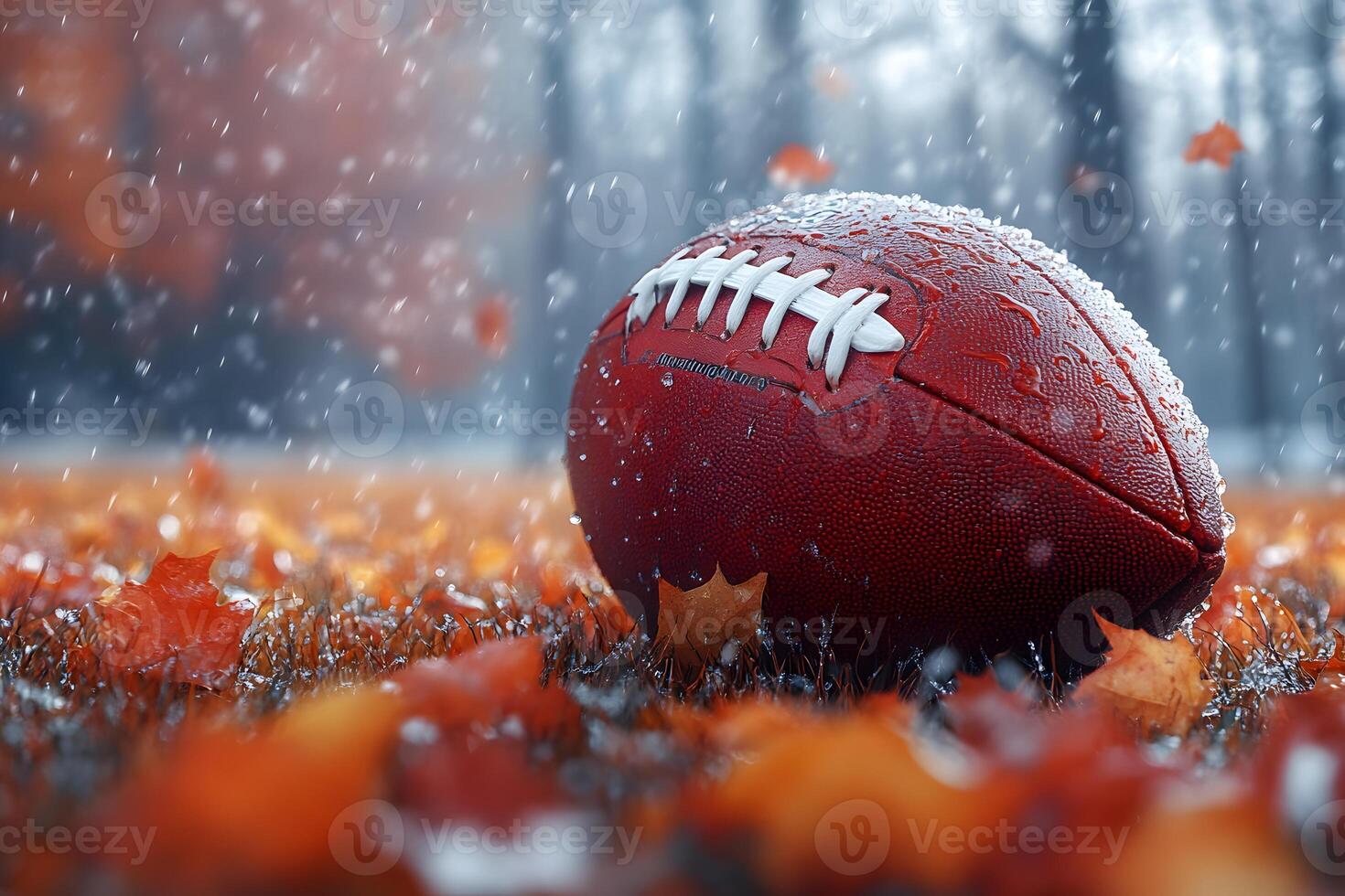 Autumn Football Scene with Dew-Covered Ball and Falling Leaves photo