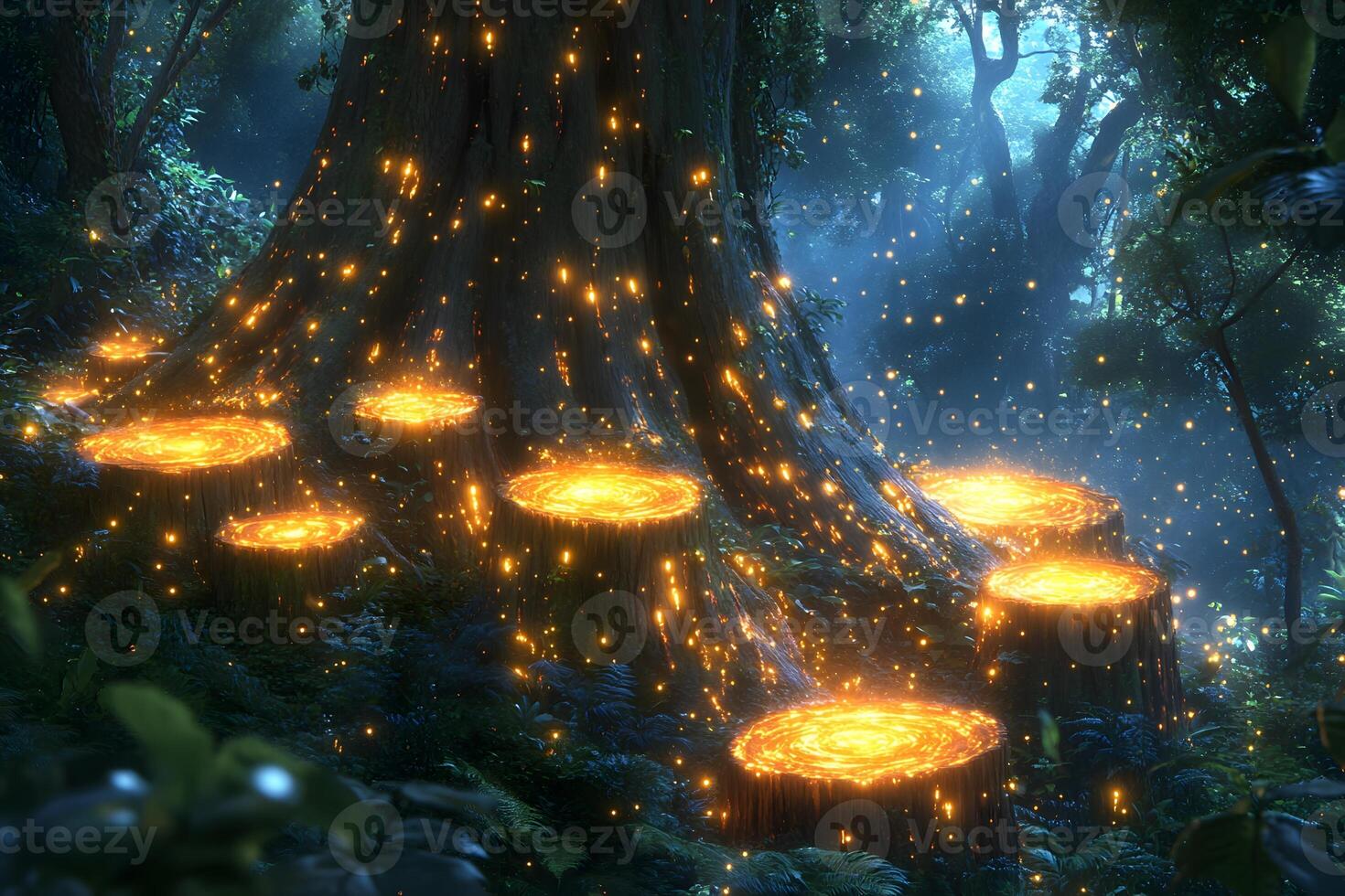 Magical Forest with Glowing Tree Stumps - Enchanted Nature Scene for Fantasy Design photo