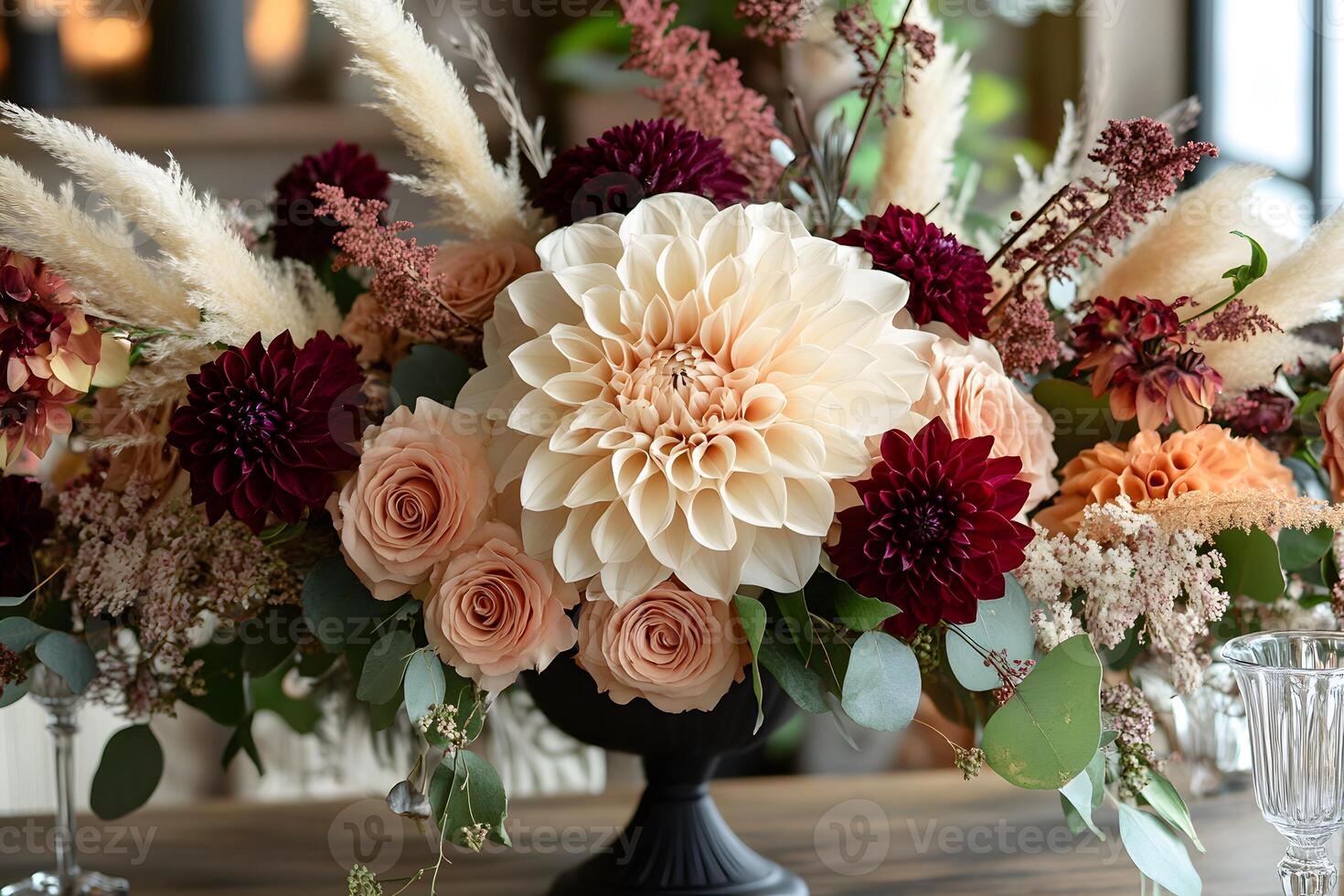 Elegant Floral Arrangement with Dahlias, Roses, and Pampas Grass for Event Decor photo