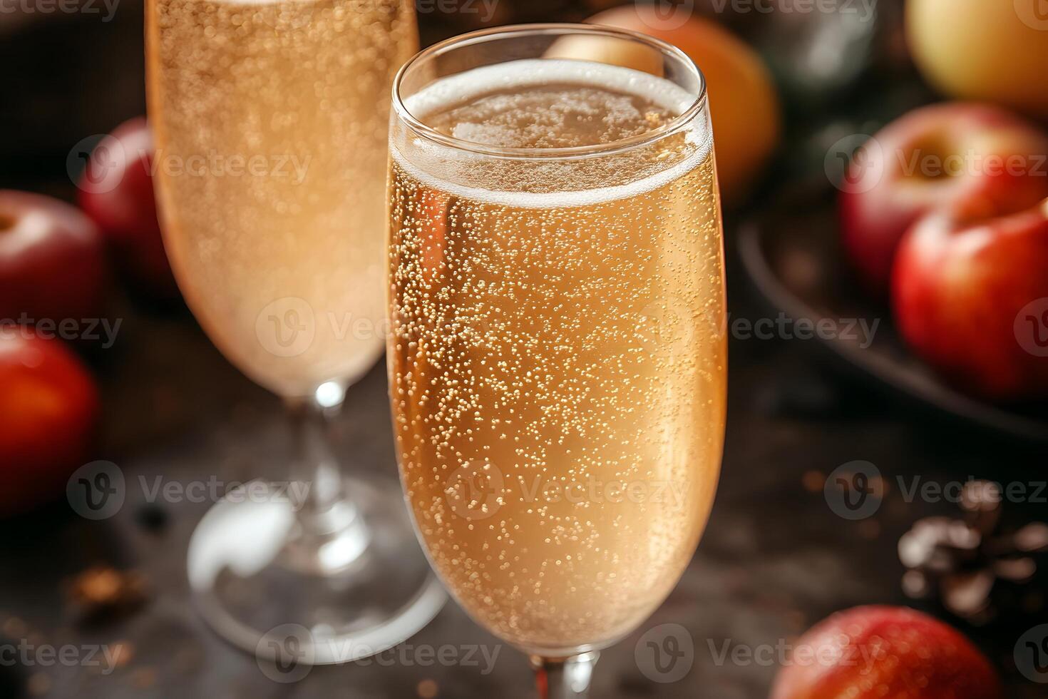 Elegant Toasting Flutes with Sparkling Cider in Autumn Fruit Setting for Festive Celebrations photo