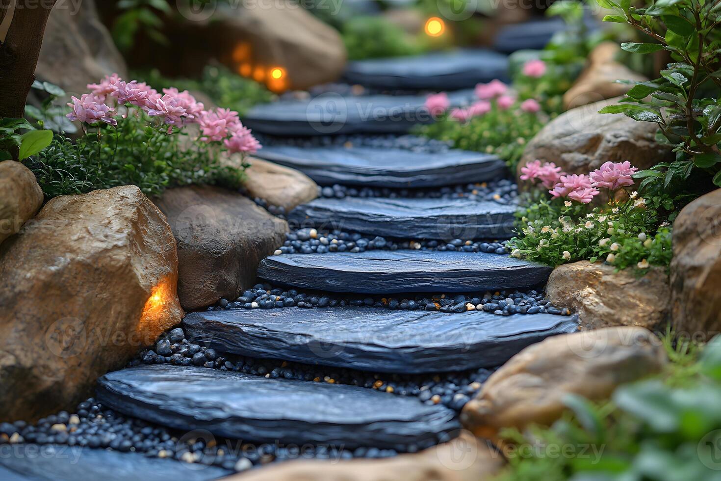 Tranquil Garden Pathway with Slate Steps and Blossoming Flora for Serene Outdoor Design photo