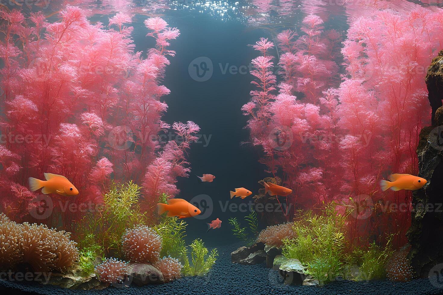 Vibrant Underwater Scene with Orange Fish and Pink Aquatic Plants for Aquarium Design photo