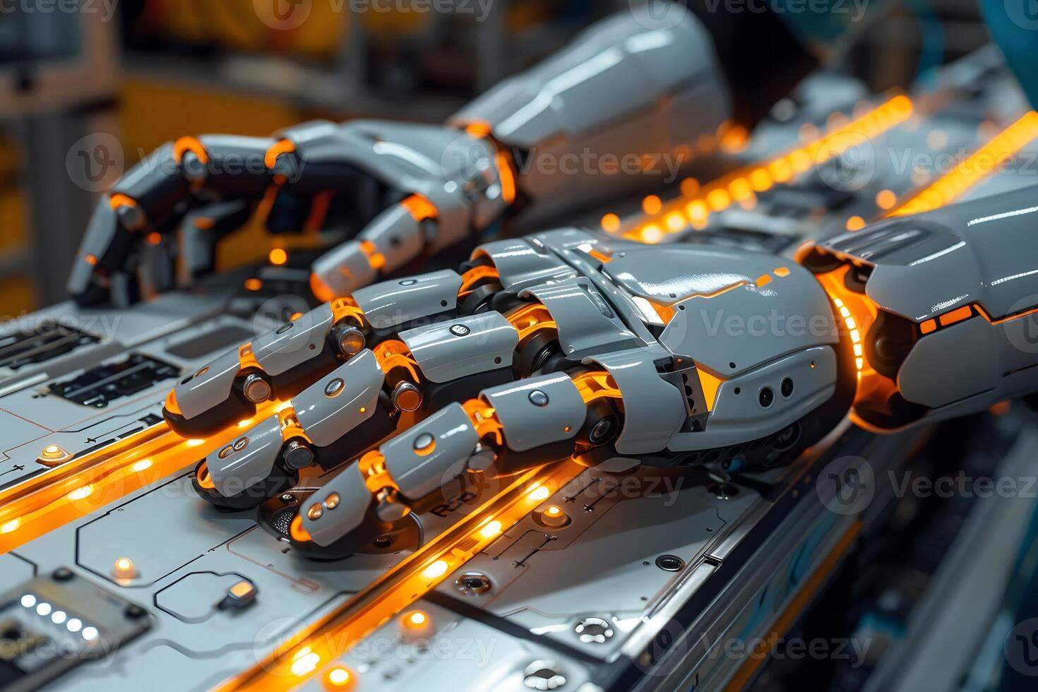 Futuristic Robotic Hands with Glowing Technology for Innovation and Automation Design photo