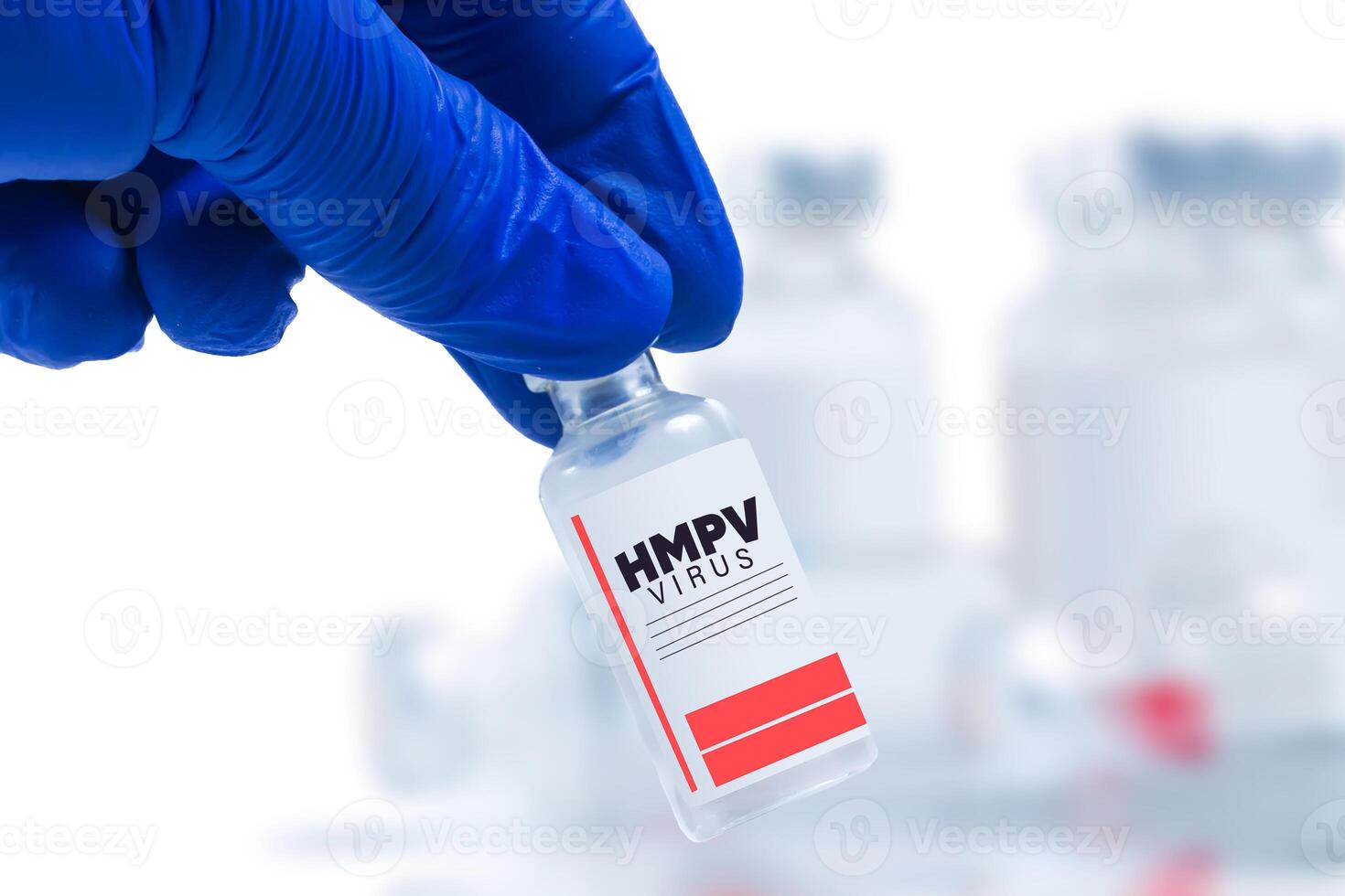 Scientist holding a vial of HMPV virus under laboratory conditions with gloves hand on white background. photo