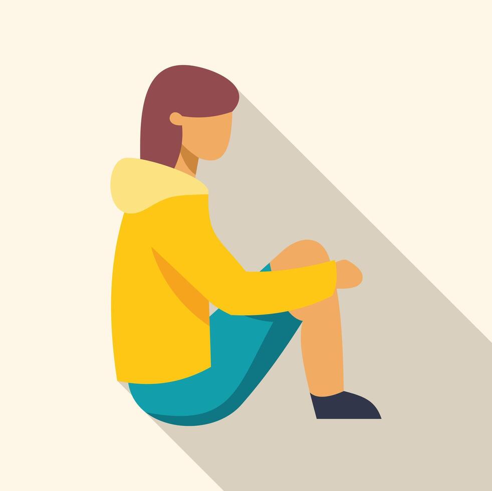 Young woman sitting on floor hugging knees with long shadow vector