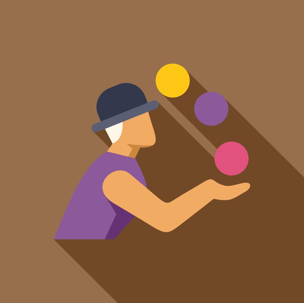 Street performer juggling colorful balls, side view flat design icon with long shadow vector