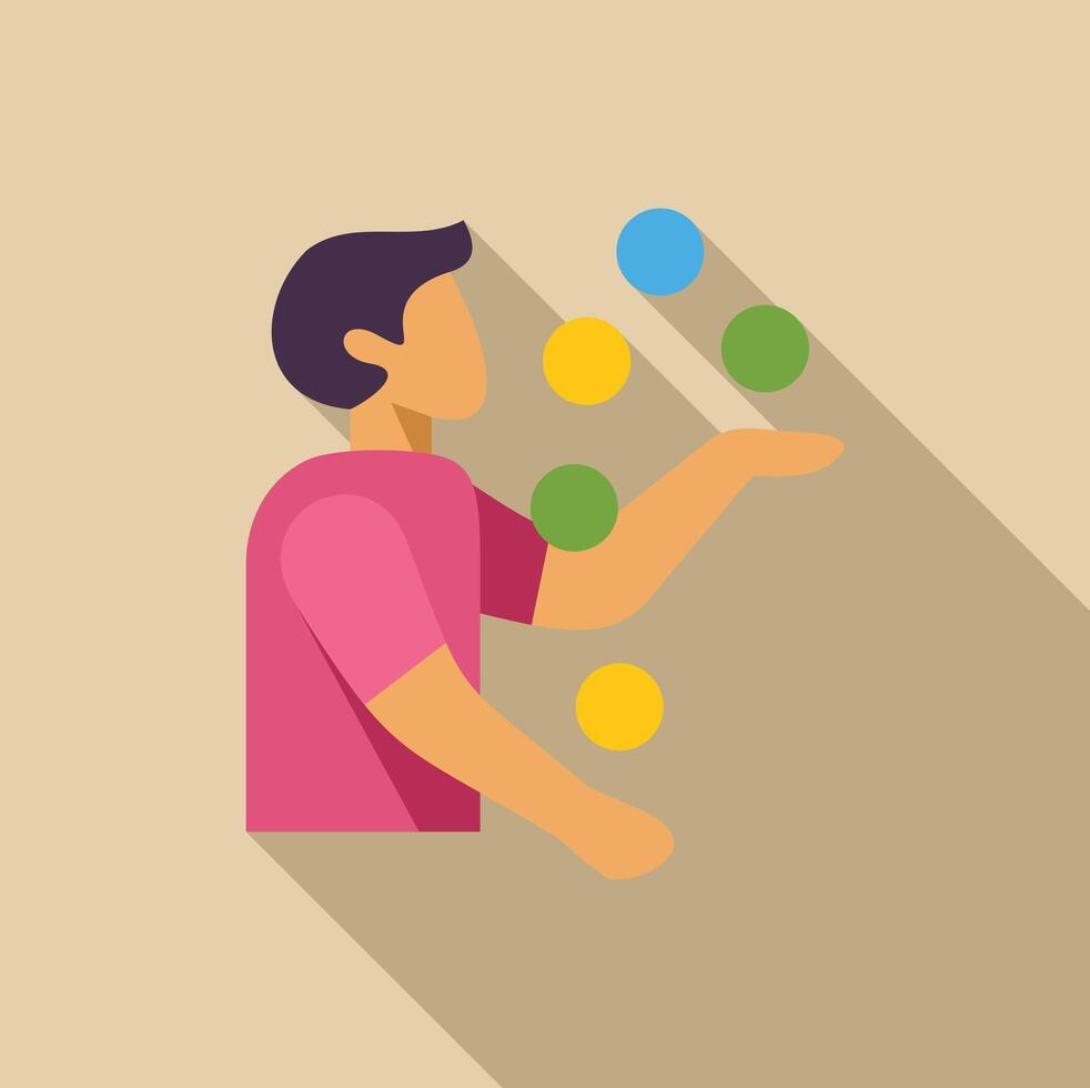 Man juggling colorful balls, multitasking and entertainment icon vector