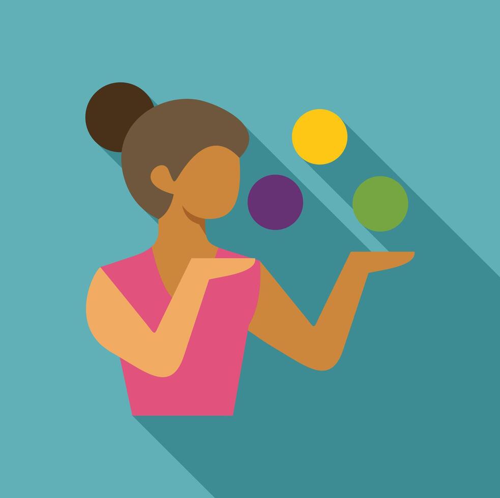 Woman juggling colorful balls, performing an entertaining act vector