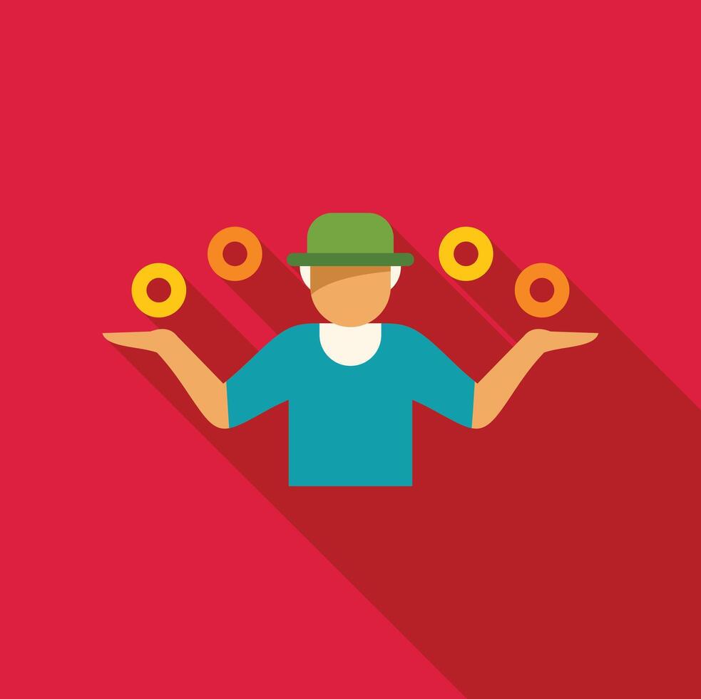 Juggler balancing rings while wearing green hat, flat design illustration vector
