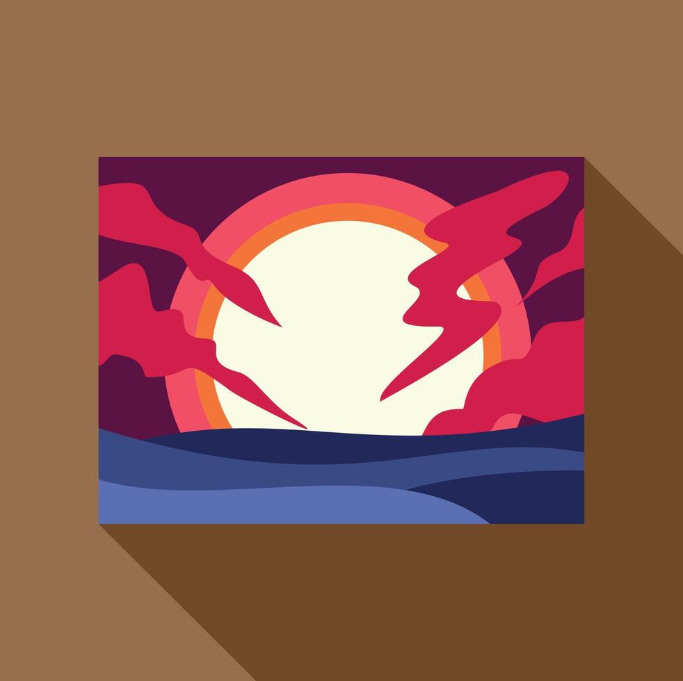 Vibrant sunset over ocean with pink clouds and stylized waves vector