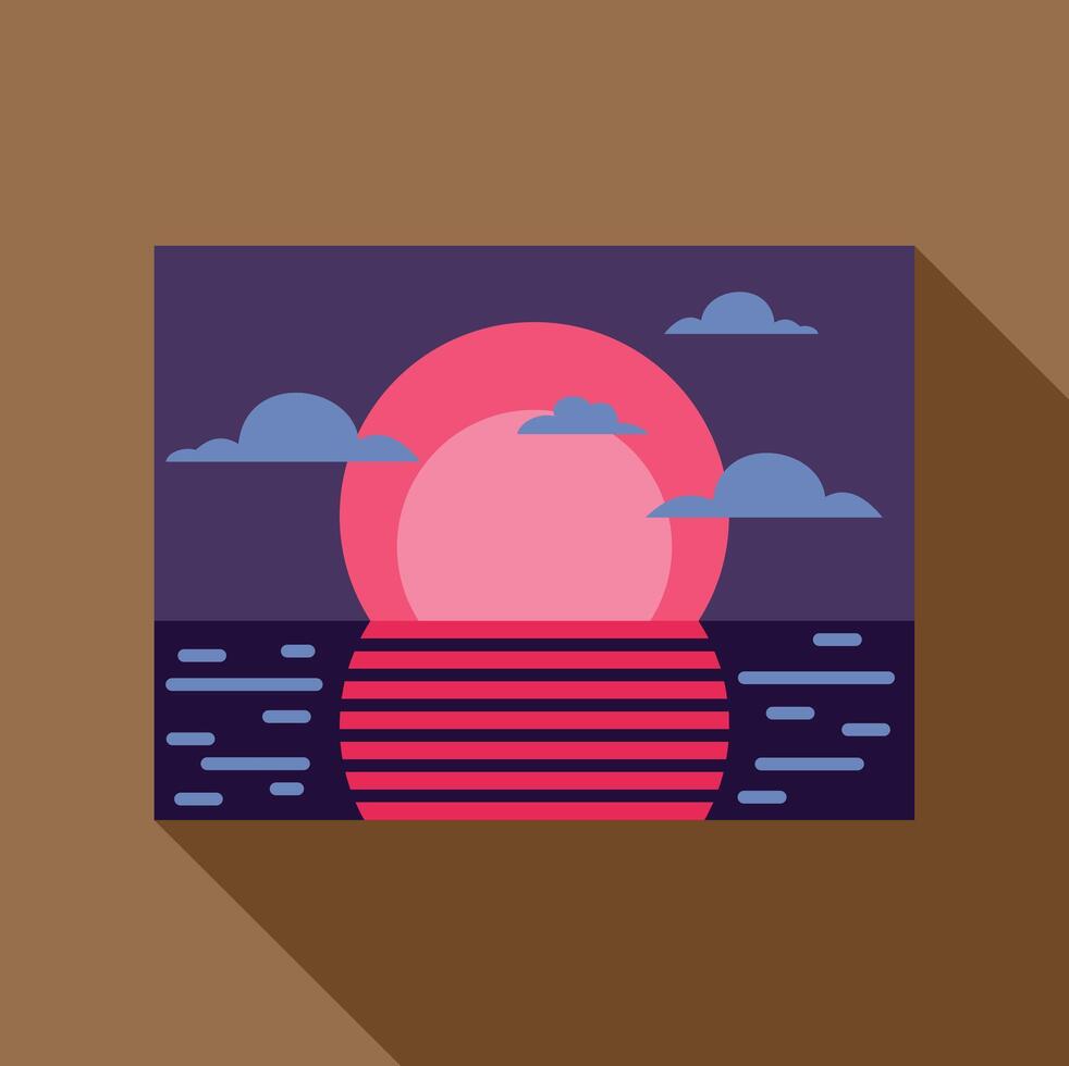 Pink sun setting over calm ocean in retro style artwork vector