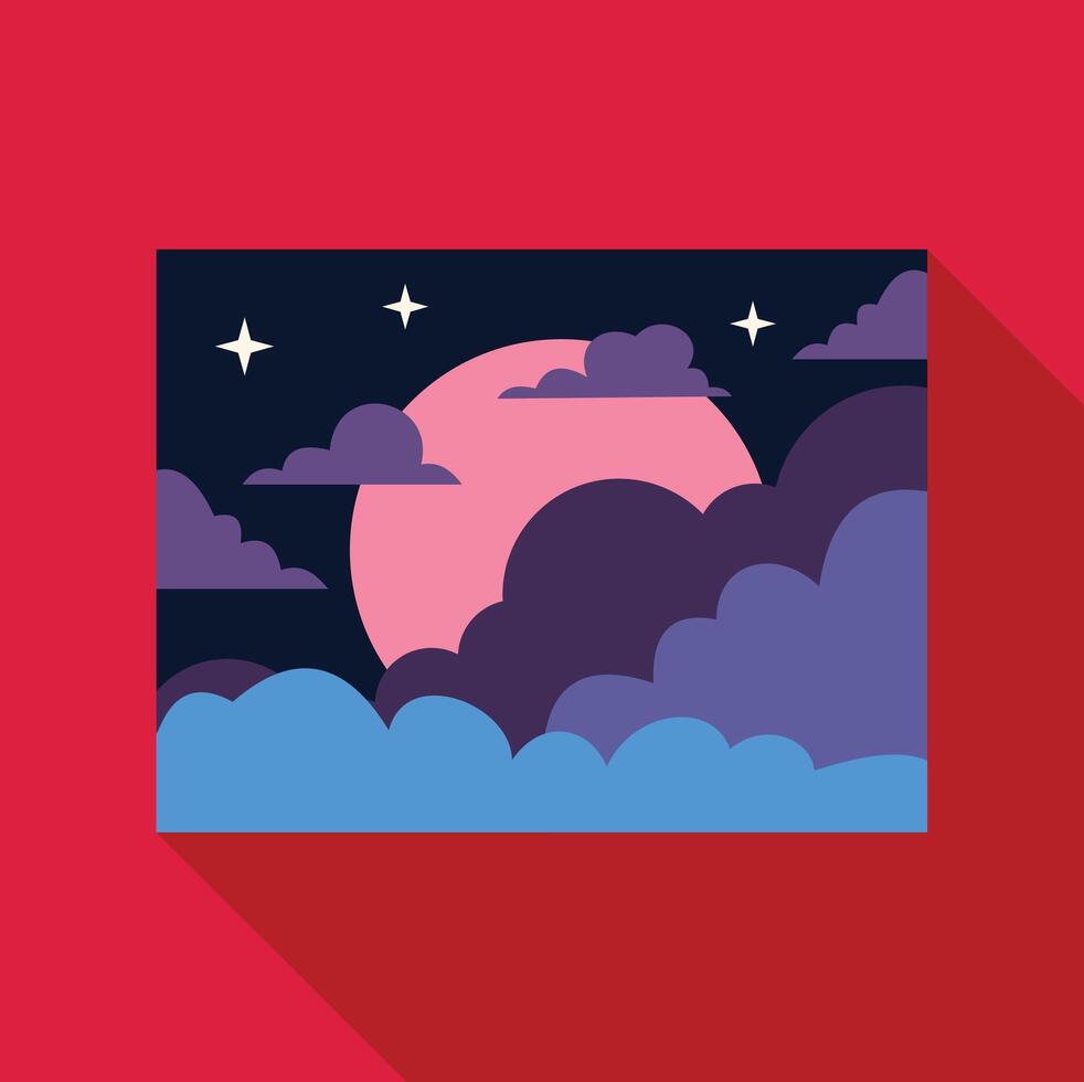 Pink moon shining through colorful clouds in a starry night sky vector