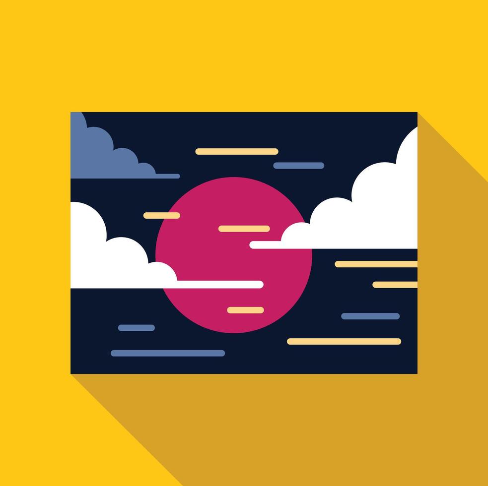 Stylized pink sun setting behind clouds in minimalist landscape painting vector