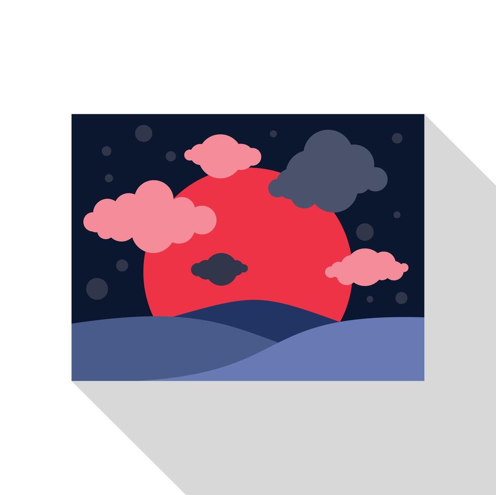 Red planet rising over alien ocean at night with clouds and stars minimalist illustration vector