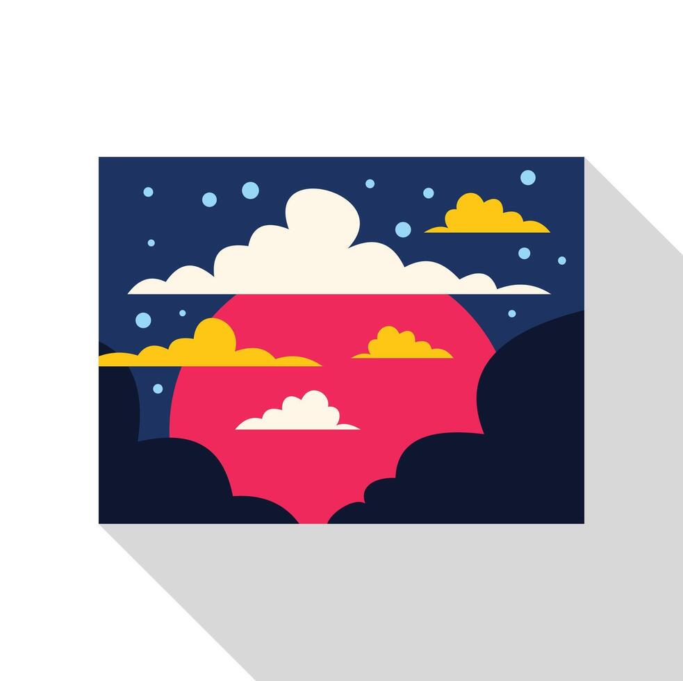 Pink sun shining through colorful clouds at night vector