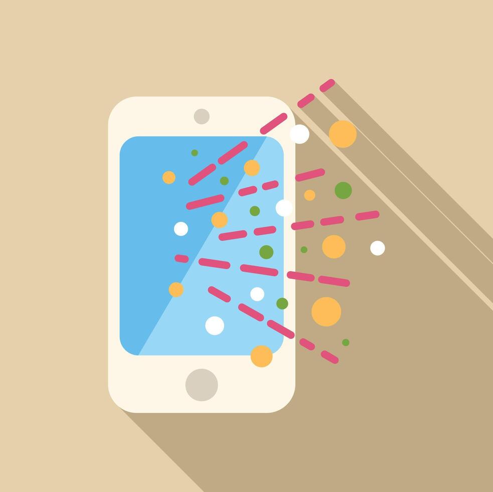 Smartphone emitting colorful particles and data with long shadow vector