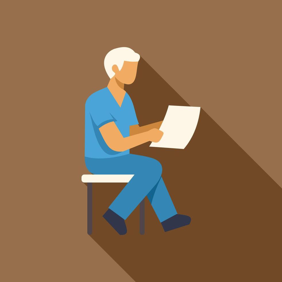 Doctor reading medical report while sitting on stool, healthcare professional examining patient information vector