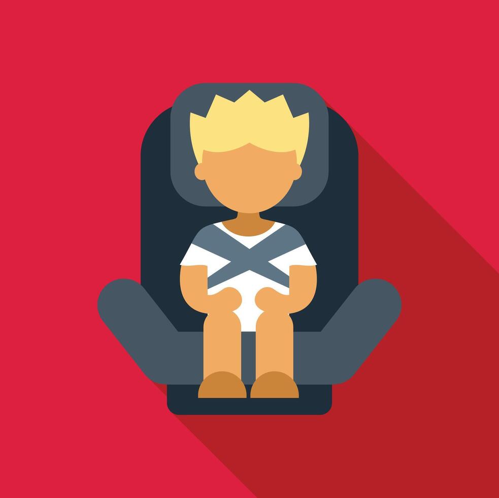 Blond child sitting in car seat wearing seatbelt on red background vector