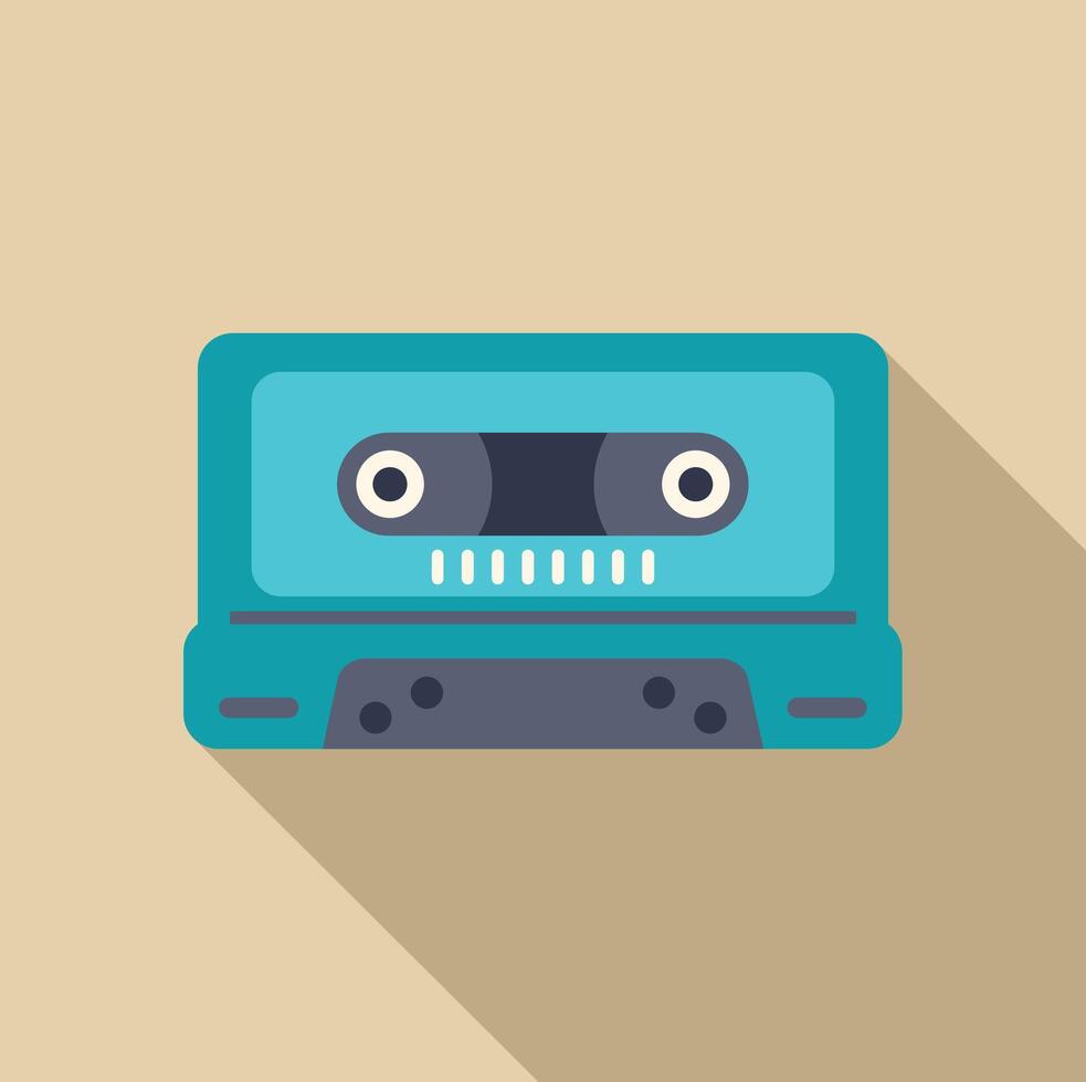 Turquoise audio cassette tape playing music with long shadow vector