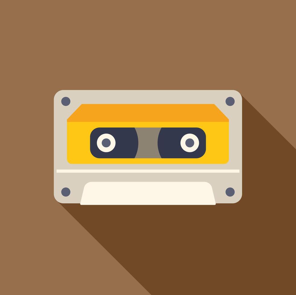 Yellow audio cassette tape on brown background with long shadow vector